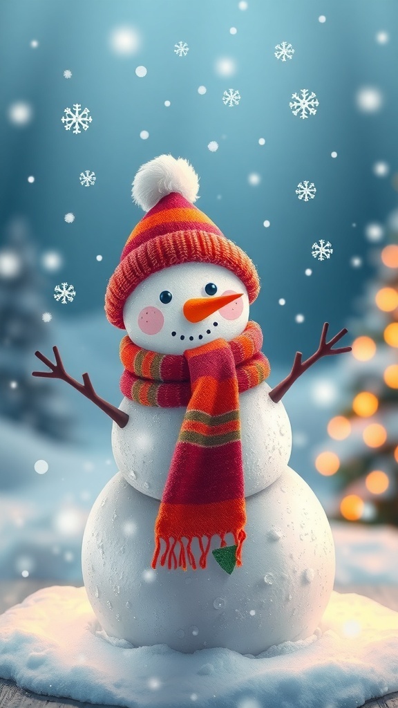 A cheerful snowman with a scarf and hat in a snowy landscape, perfect for Christmas wallpaper.
